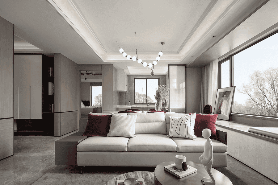 Nội thất phòng khách với sofa chữ L